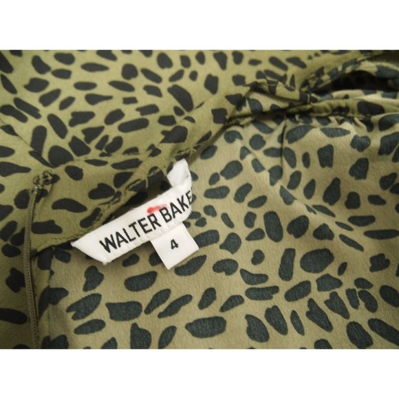 Walter Baker Womens Dress 4 Olive Green Animal Spot Long Sleeve Pleated Wrap - Picture 6 of 8